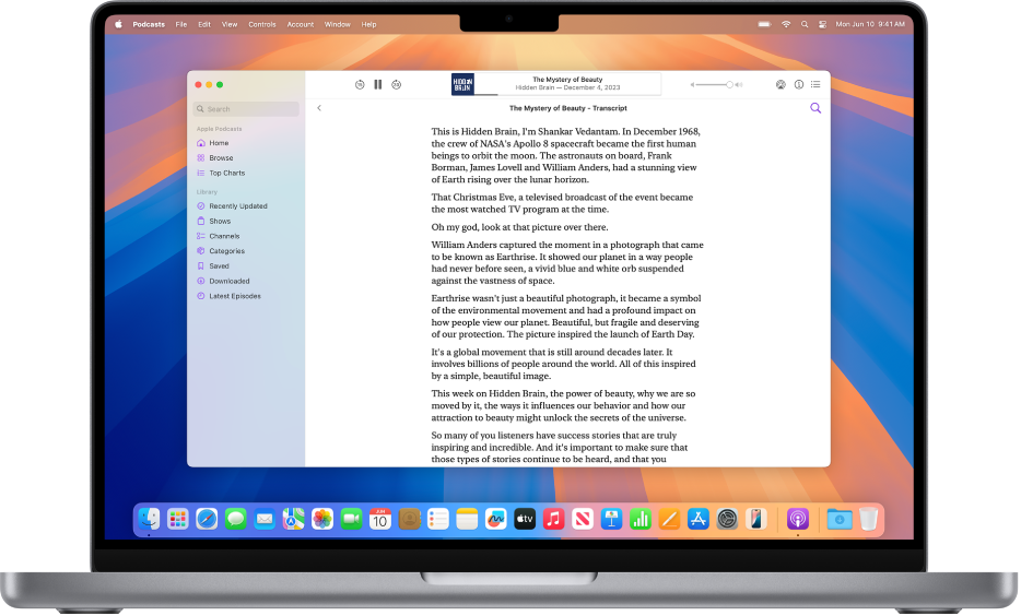 The Apple Podcasts app on a Mac, showing the transcript for the episode currently playing.