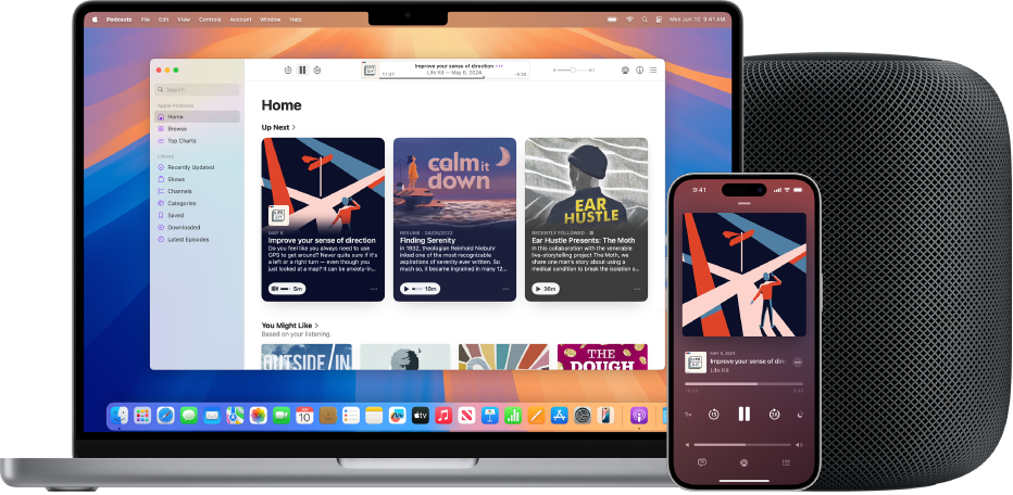 La app Apple Podcasts en una Mac y un iPhone, con un HomePod en el fondo.