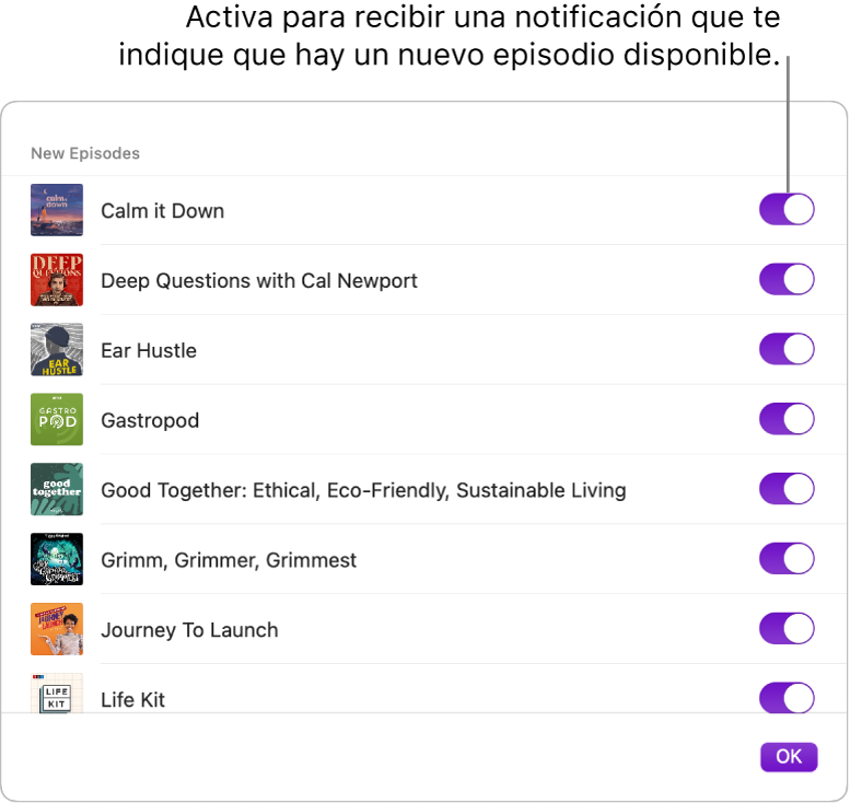 Las opciones de Notificaciones. Haz clic en el conmutador para recibir una notificación cuando haya un episodio nuevo disponible.