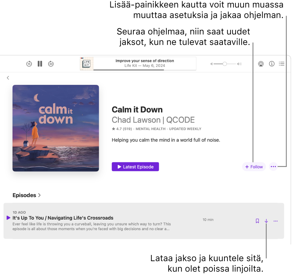 Podcastien tietosivu, jolla näkyvät Seuraa-, Lisää- ja Lataa-painikkeet.