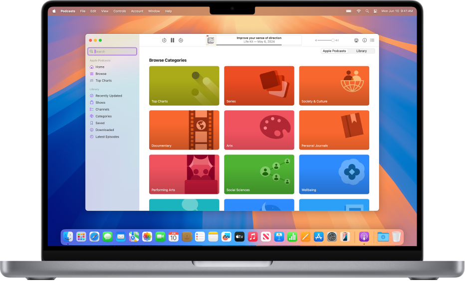 Prozor aplikacije Apple Podcasts s prikazom kategorija podcasta.