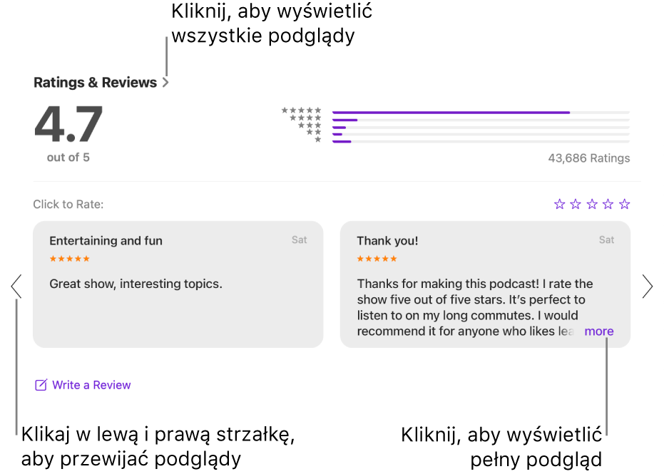 Sekcja Oceny i recenzje programu w Podcastach. Kliknij w strzałkę w lewo lub w prawo na krawędziach ekranu, aby przewijać do tyłu lub do przodu. Kliknij w „więcej”, aby wyświetlić całą recenzję.