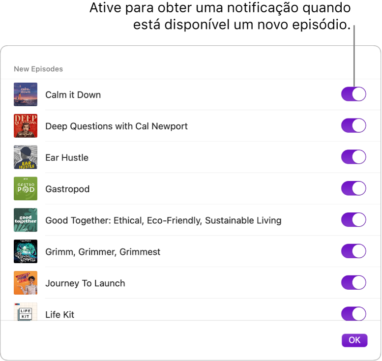 Opções de notificações. Clique no manípulo para receber uma notificação sempre que estiver disponível um novo episódio.