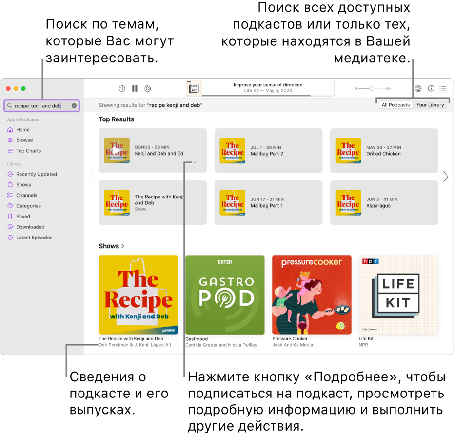 Показано окно приложения «Подкасты». В левом верхнем углу окна находится поле поиска с введенным текстом, а справа показаны выпуски и подкасты, соответствующие критериям поиска среди всех подкастов. Нажмите на ссылку под подкастом, чтобы просмотреть подробные сведения о нем и его выпусках. Используйте кнопку «Еще», чтобы отслеживать подкаст, менять его настройки и выполнять другие действия.