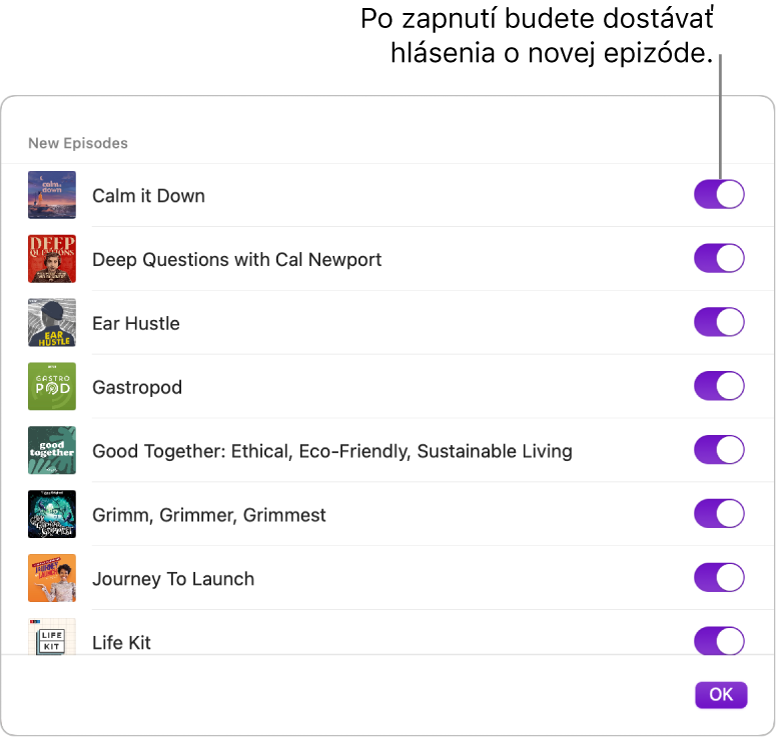 Možnosť Hlásenia. Kliknutím na prepínač budete dostávať hlásenia vždy po sprístupnení novej epizódy.