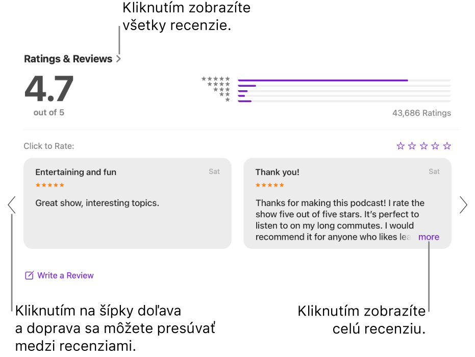 Sekcia Hodnotenia a recenzie pre reláciu v apke Podcasty. Klikajte na šípky doprava a doľava na okrajoch obrazovky, čím sa budete posúvať dozadu alebo dopredu. Kliknutím na „viac“ zobrazte celú recenziu.