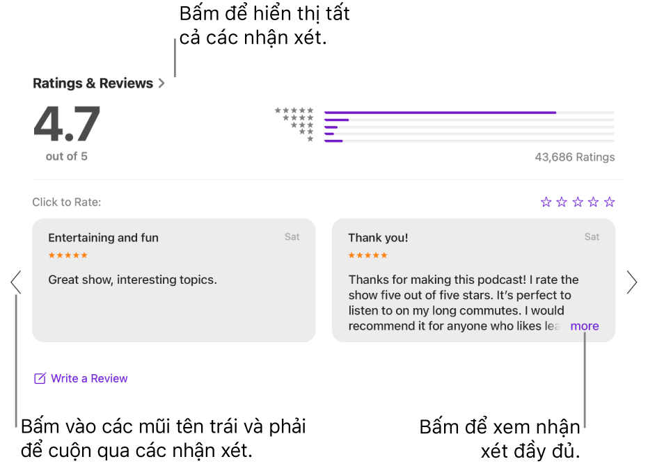 Phần Xếp hạng & nhận xét cho một chương trình trong Podcast. Bấm vào các mũi tên trái và phải ở các cạnh của màn hình để cuộn lùi hoặc tiến. Bấm vào “thêm” để xem toàn bộ một nhận xét.