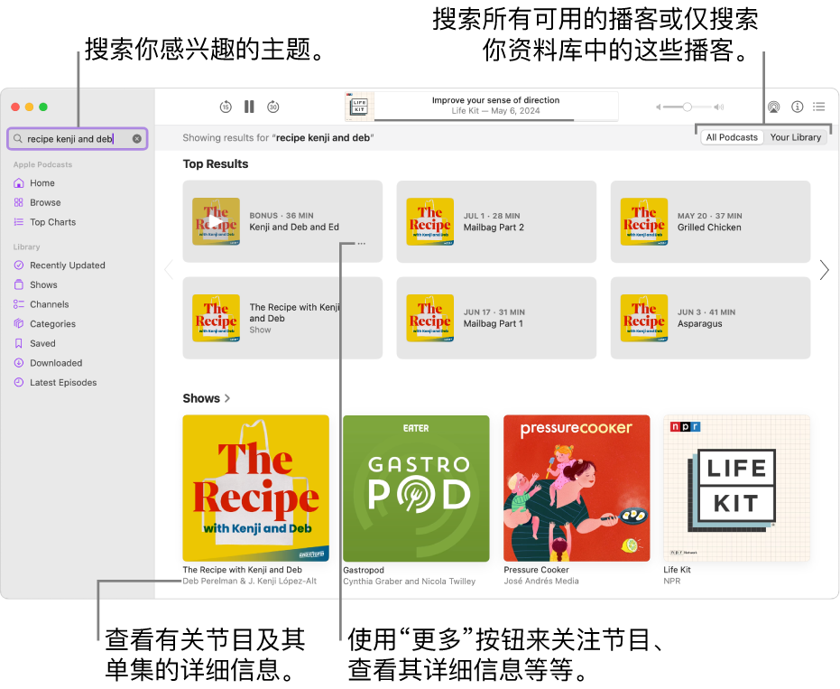 “播客”窗口,显示左上角的搜索栏中输入了文本,且与搜索所有播客的条件相匹配的单集和节目显示在屏幕右侧。点按节目下方的链接以查看节目及其单集的详细信息。使用节目的“更多”按钮以关注节目、更改其设置等。