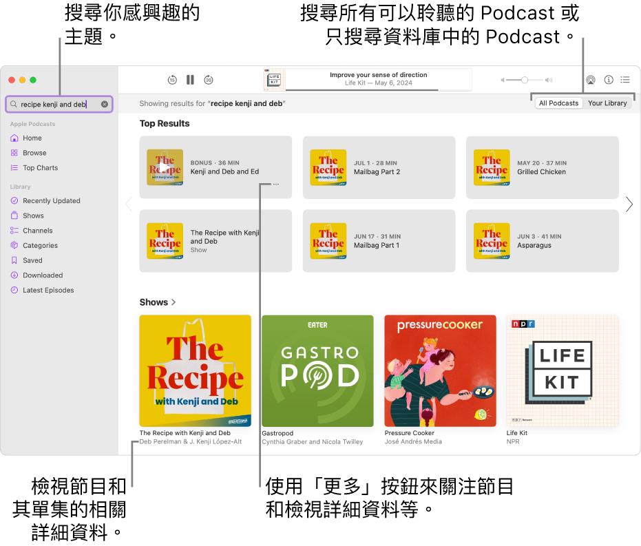 Podcast 視窗顯示在左上角輸入欄位中已輸入的文字，符合 Podcast 搜尋條件的單集和節目在螢幕的右側顯示。 按一下節目下方的連結即可檢視節目及其單集的詳細資料。 使用節目的「更多」按鈕即可關注節目、更改其設定等等。