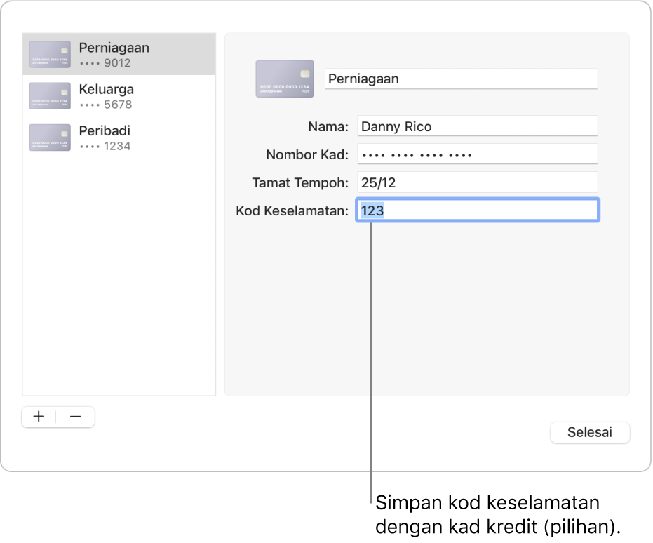 Borang kad kredit dengan medan untuk memasukkan nama, nombor kad, tarikh tamat tempoh dan kod keselamatan.