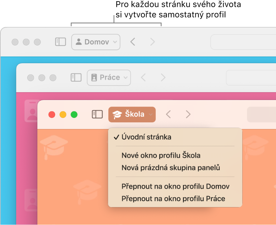 Tři okna s různými profily Safari: pro domov, práci a školu