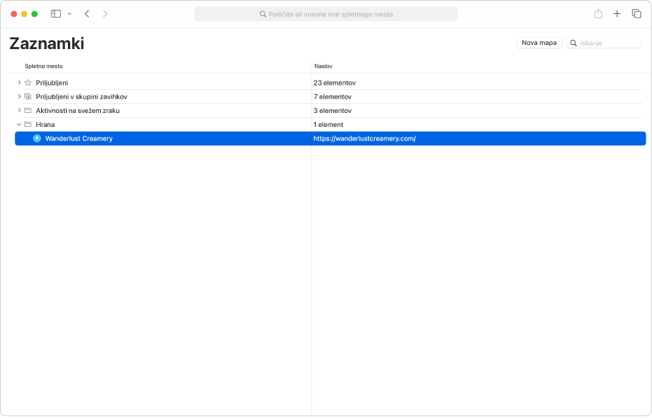 Okno Urejanje zaznamkov v Safariju.
