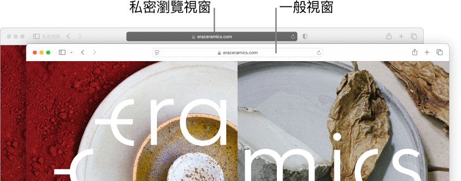 私密 Safari 視窗的「智慧型搜尋」欄位為深色，而一般 Safari 視窗的「智慧型搜尋」欄位為淺色。