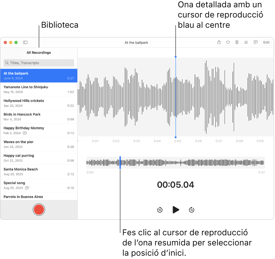 L’app Notes de Veu mostra les gravacions a la biblioteca de l’esquerra. La gravació seleccionada apareix a la finestra de la dreta de la llista, amb un detall de l’ona i un cursor de reproducció de color blau al centre. A sota de la gravació es mostra la visió general de l’ona.