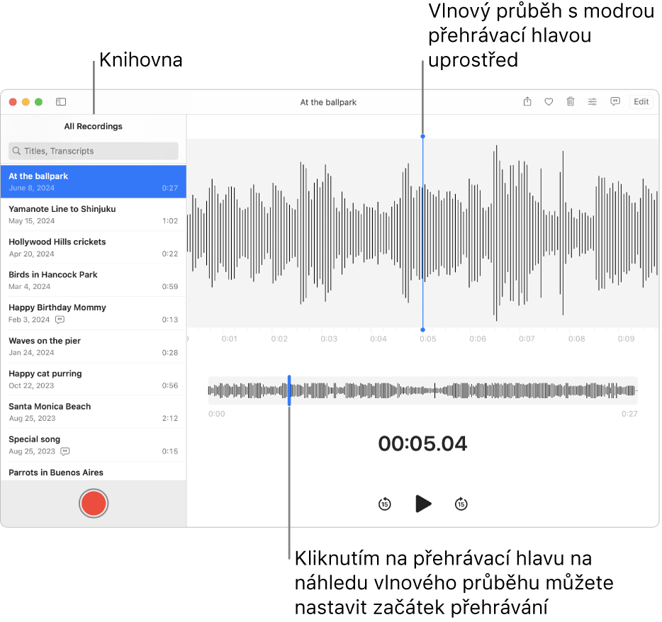 Okno aplikace Diktafon se záznamy v knihovně vlevo. Napravo od seznamu je okno vybraného záznamu s detailním zobrazením vlnového průběhu a modrou přehrávací hlavou uprostřed. Pod záznamem je přehled vlnového průběhu.