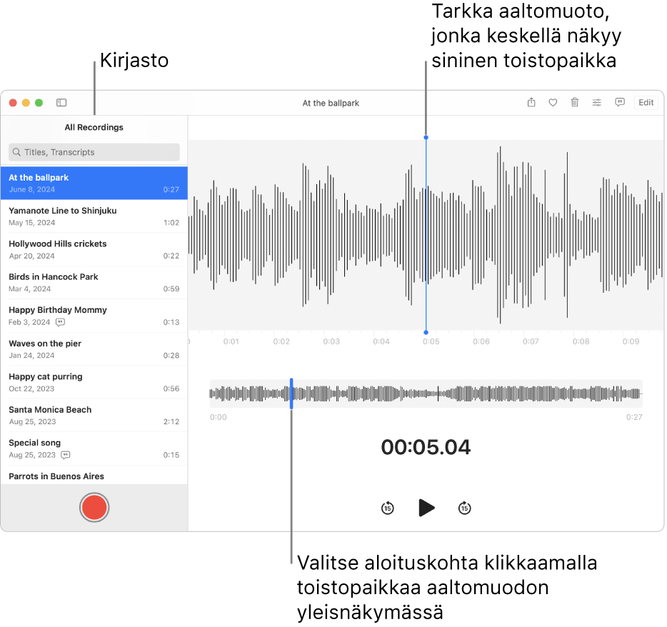 Sanelin-appi näyttää äänitykset kirjastossa vasemmalla. Valittu äänitys näkyy ikkunassa luettelon oikealla puolella tarkkana aaltomuotona, jonka keskellä on sininen toistopaikka. Äänityksen alla on aaltomuodon yleisnäkymä.