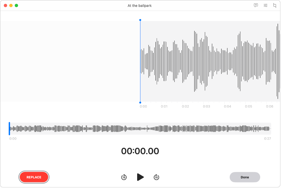 ボイスメモの録音。再生ヘッドは、下にある波形の概観の青色の縦線です。