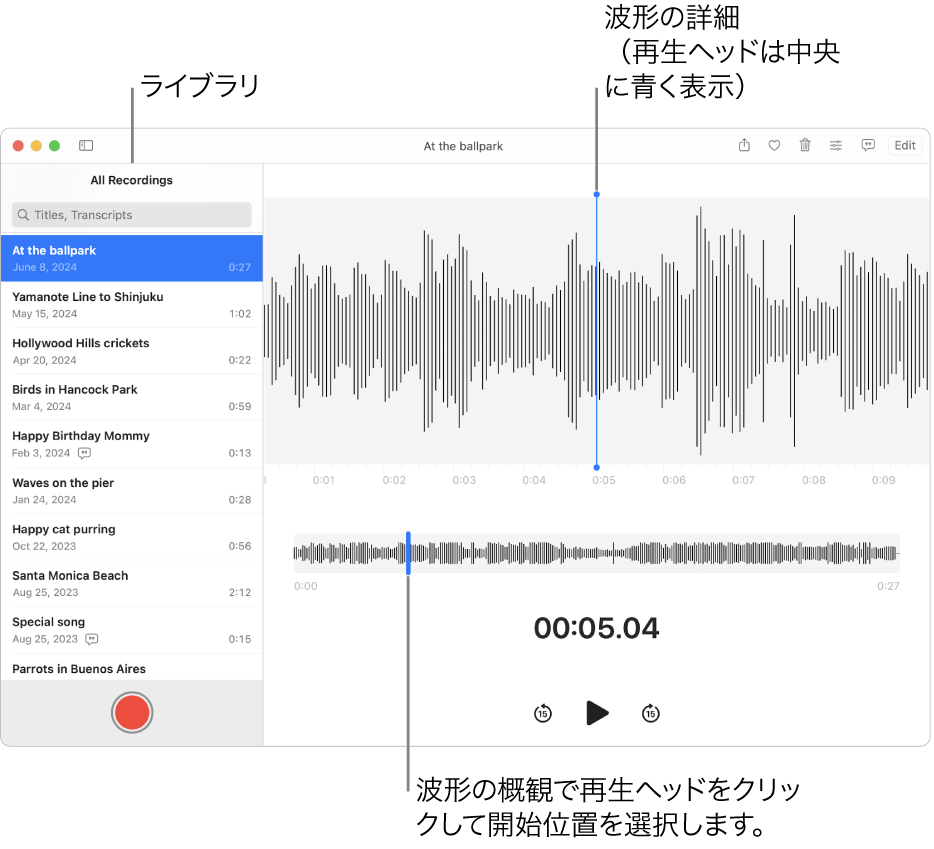 ボイスメモアプリ。ライブラリの録音が左側に表示されています。選択された録音は、中央部分に青色の再生ヘッドが付いた波形の詳細として、リストの右側にあるウインドウに表示されます。録音の下には波形の概観が表示されます。