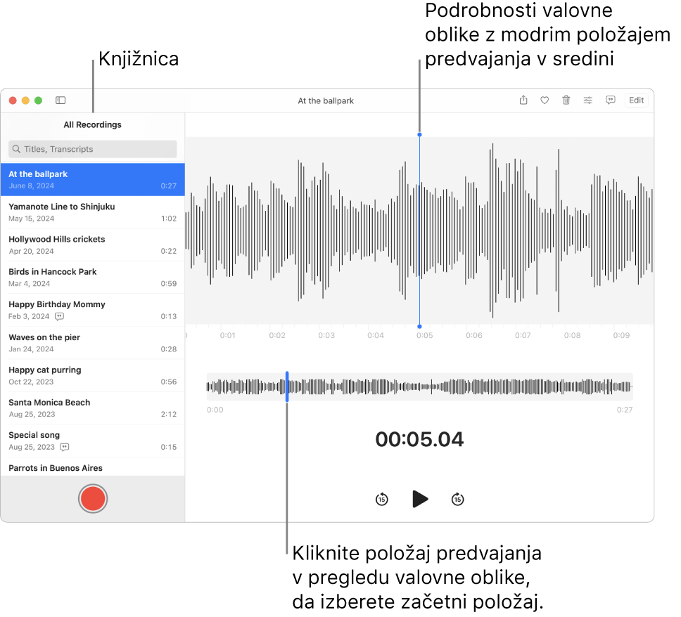 Aplikacija Glasovni zapiski, ki prikazuje posnetke v knjižnici na levi. Izbrani posnetek se prikaže v oknu na desni strani seznama kot podrobnost valovne oblike z modrim položajem predvajanja v središču. Pod posnetkom je pregled valovne oblike.