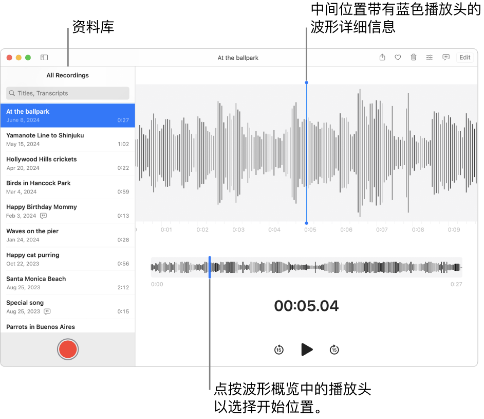“语音备忘录” App 在左侧的资料库中显示录音。所选录音显示在列表右侧的窗口中，带有蓝色播放头的波形详细信息位于中间。录音下方是波形概览。