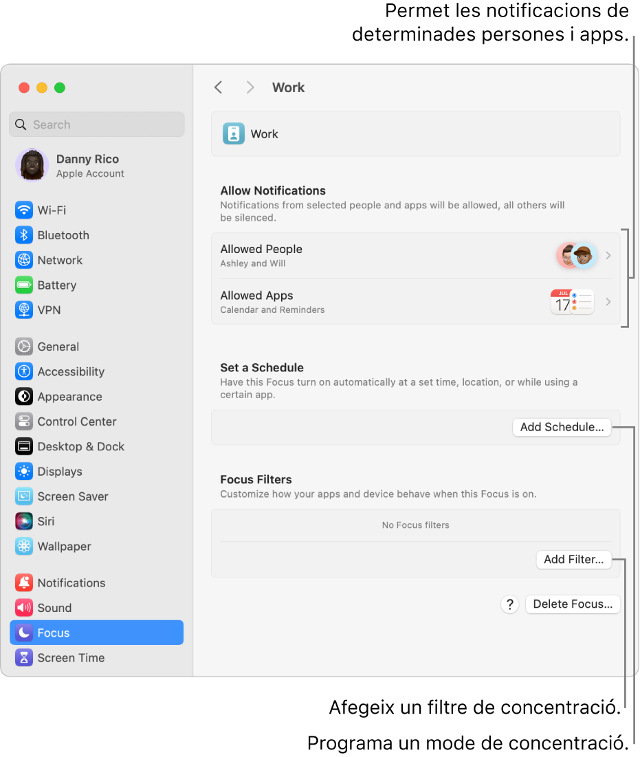 Configuració dels modes de concentració que mostra la configuració del mode de concentració Feina. Al principi hi ha la llista de persones i apps les notificacions de les quals estan permeses quan el mode de concentració Feina està actiu.