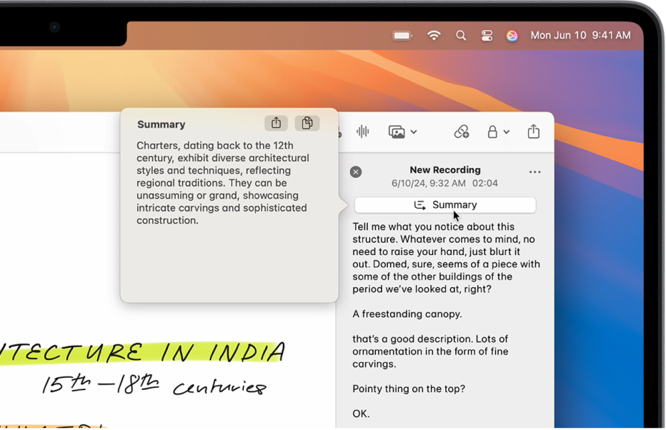 Una finestra de l’app Notes del Mac amb una gravació d’àudio al cos de la nota. A la dreta es mostra un resum de la transcripció.