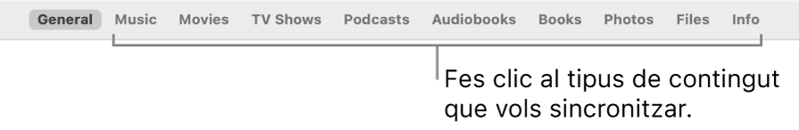 La fila d’opcions al llarg de la part superior de la finestra amb els tipus de contingut que pots sincronitzar.