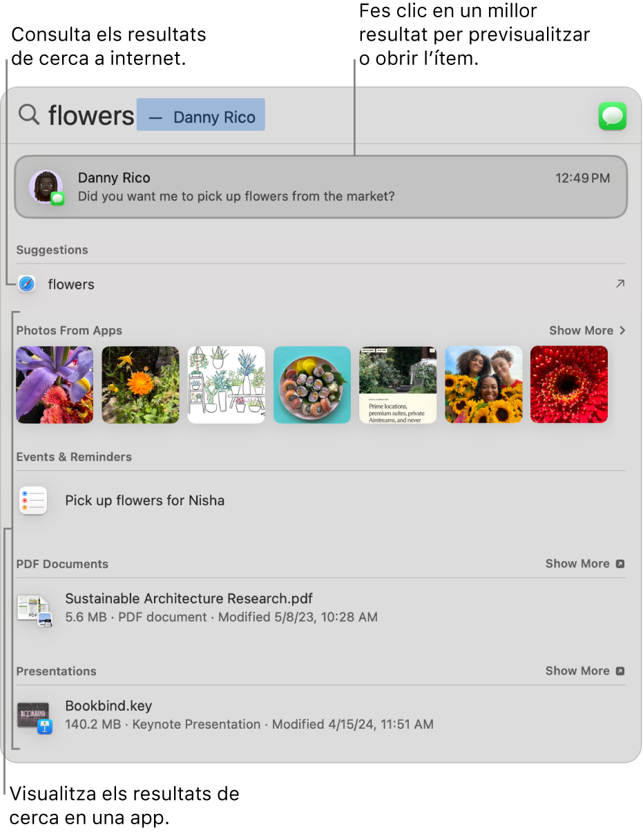 La finestra de l’Spotlight mostrant el text de cerca al camp de cerca a la part superior de la finestra i els resultats a sota.
