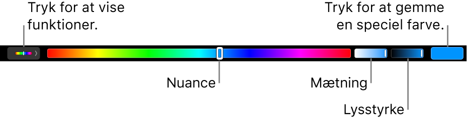 Touch Bar, der viser mærker til nuance, mætning og lysstyrke til HSB-funktionen. I venstre side ses knappen til visning af alle funktioner. I højre side ses knappen til at gemme en speciel farve.