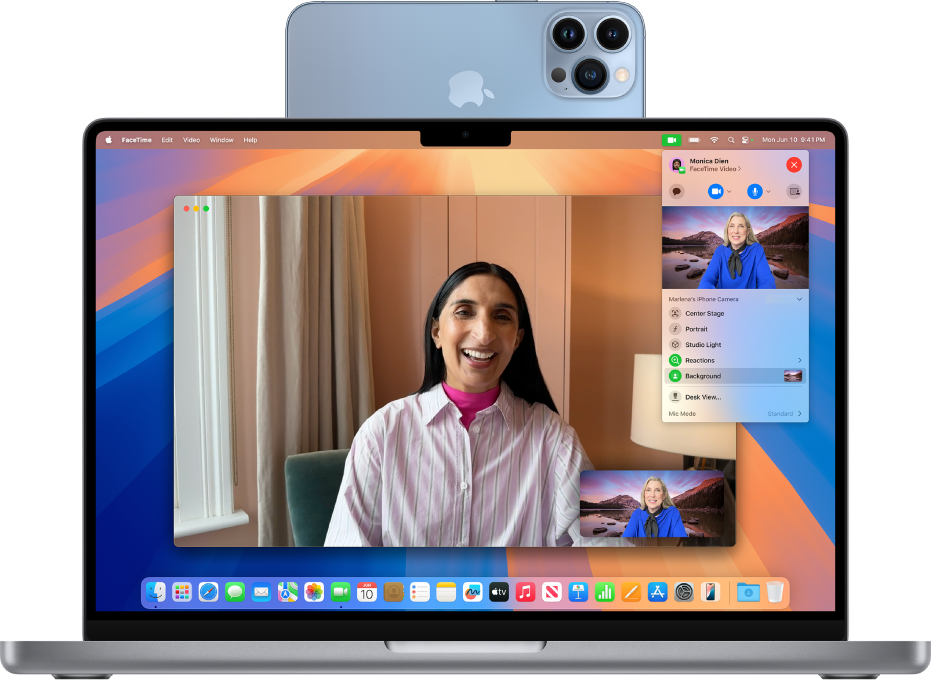 En MacBook Pro, der bruger en iPhone som webkamera og viser en FaceTime-session.