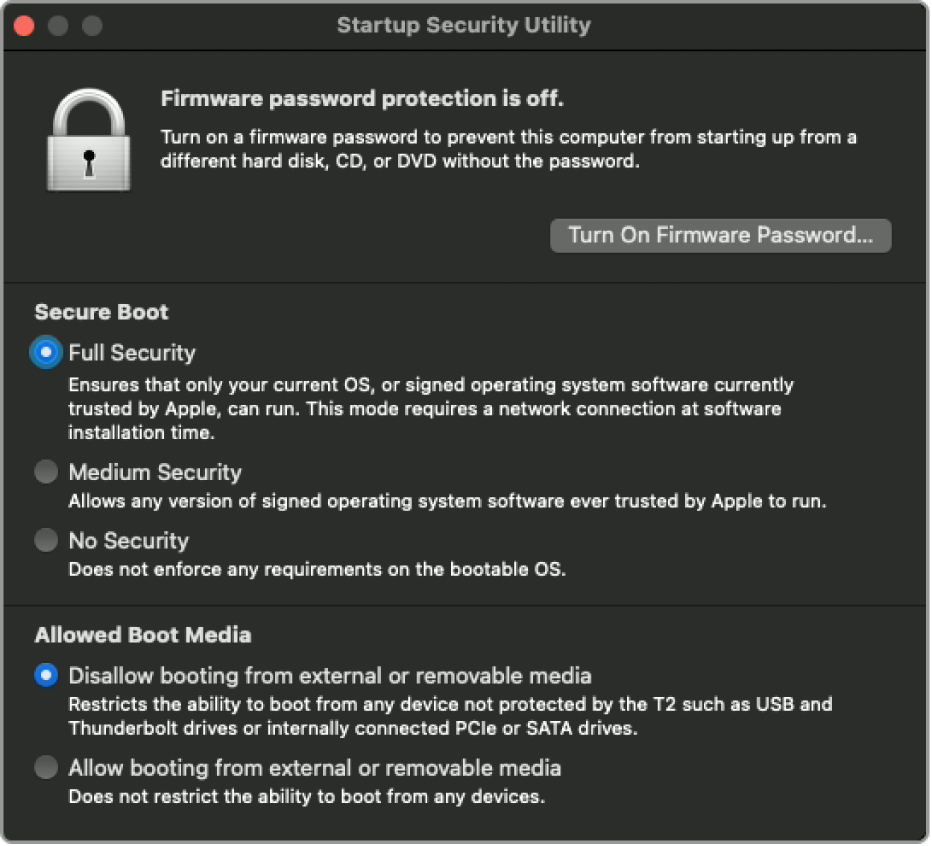 Das Fenster „Startsicherheitsdienstprogramm“ mit Firmware- und Startoptionen.