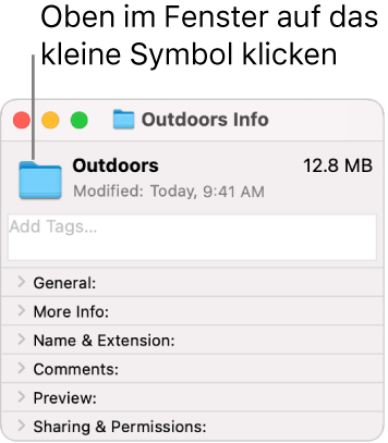Das Fenster „Informationen“ eines Ordners mit dem ausgewählten allgemeinen Ordnersymbol.