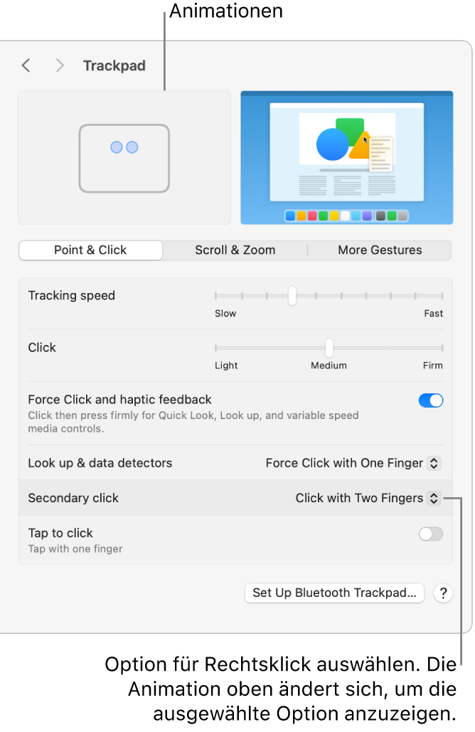 Die Optionen für das Trackpad in den Systemeinstellungen zeigen, dass die Option „Sekundärklick“ auf „Mit zwei Fingern klicken“ eingestellt ist, und die entsprechende Animation wird angezeigt.