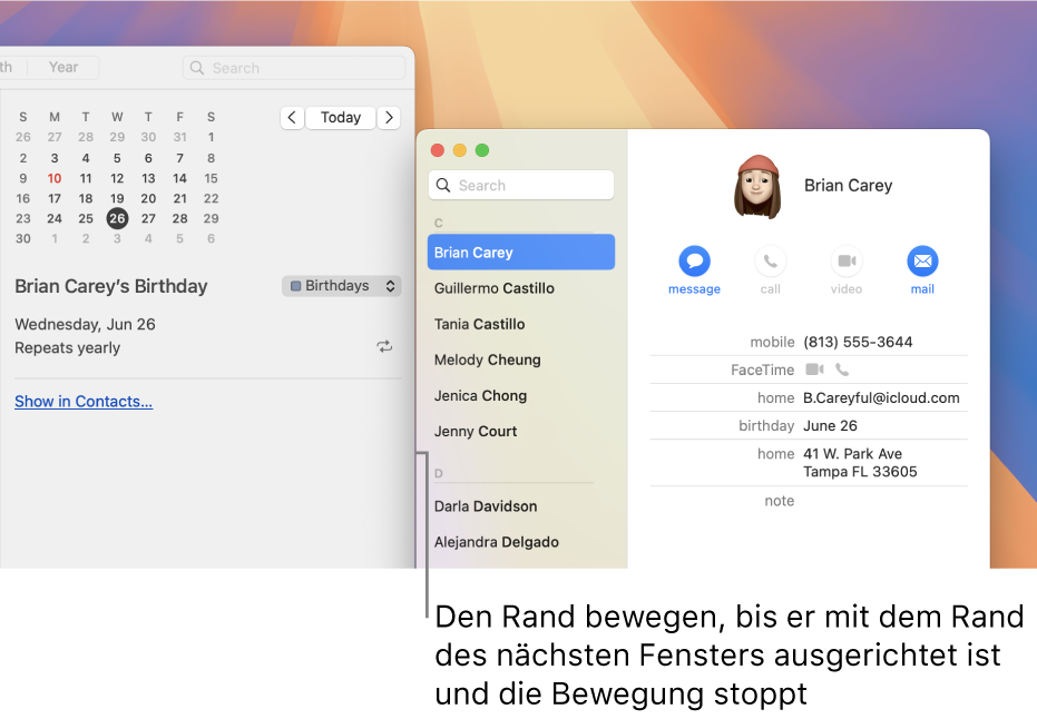 Zwei Fenster, die an einer Seite ausgerichtet sind, indem der Rand eines Fensters zum Rand des anderen Fensters bewegt wird, bis er stoppt und mit dem benachbarten Fenster ausgerichtet ist.