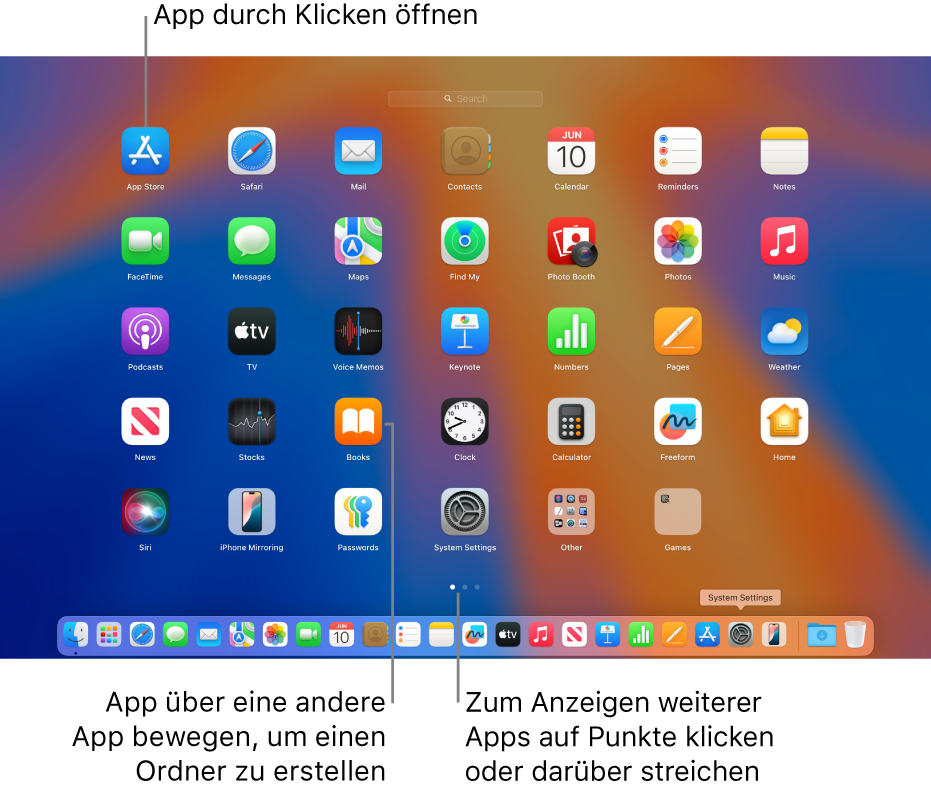 Launchpad mit Apps, die geöffnet werden können.