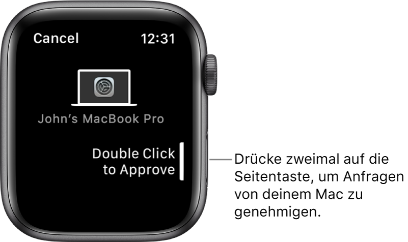 Apple Watch mit einer Bestätigungsanfrage von einem MacBook Pro.