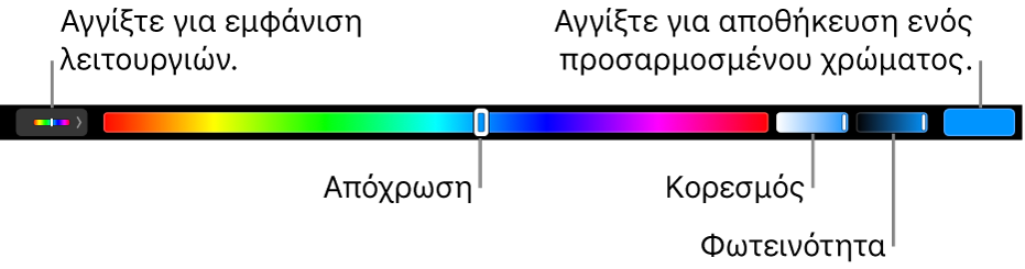 Το Touch Bar που εμφανίζει τα ρυθμιστικά απόχρωσης, κορεσμού και φωτεινότητας της λειτουργίας «HSB». Στο αριστερό άκρο βρίσκεται το κουμπί για την εμφάνιση όλων των μοντέλων. Στα δεξιά, το κουμπί για αποθήκευση προσαρμοσμένου χρώματος.