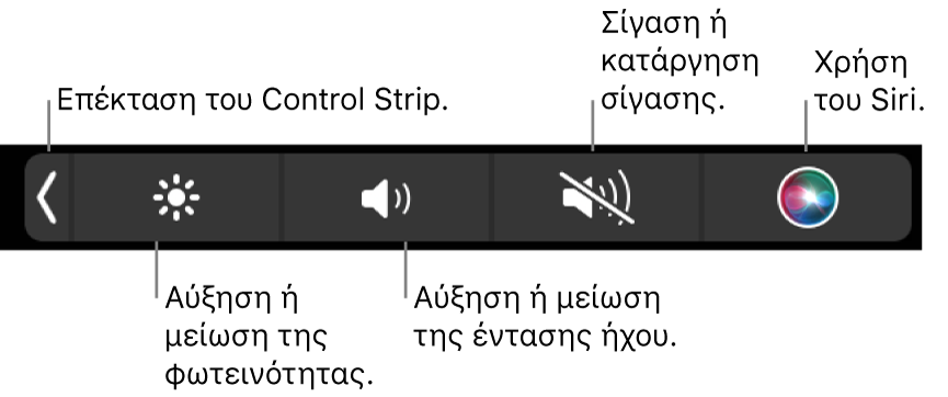 Το συμπτυγμένο Control Strip περιλαμβάνει κουμπιά, από τα αριστερά προς τα δεξιά, για επέκταση του Control Strip, αύξηση ή μείωση της φωτεινότητας οθόνης και της έντασης ήχου, σίγαση και κατάργηση σίγασης, και τη χρήση του Siri.