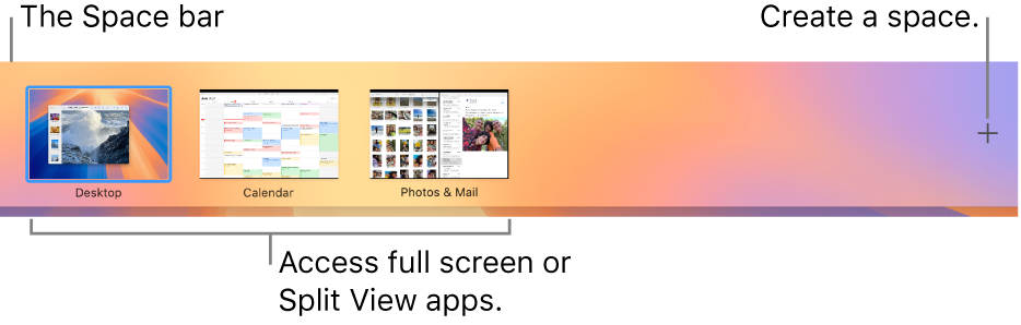 The Spaces bar showing a desktop space, apps in full screen and Split View, and the Add button for creating a space.