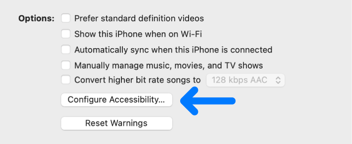 The Configure Accessibility button shown below the tick boxes for syncing options.