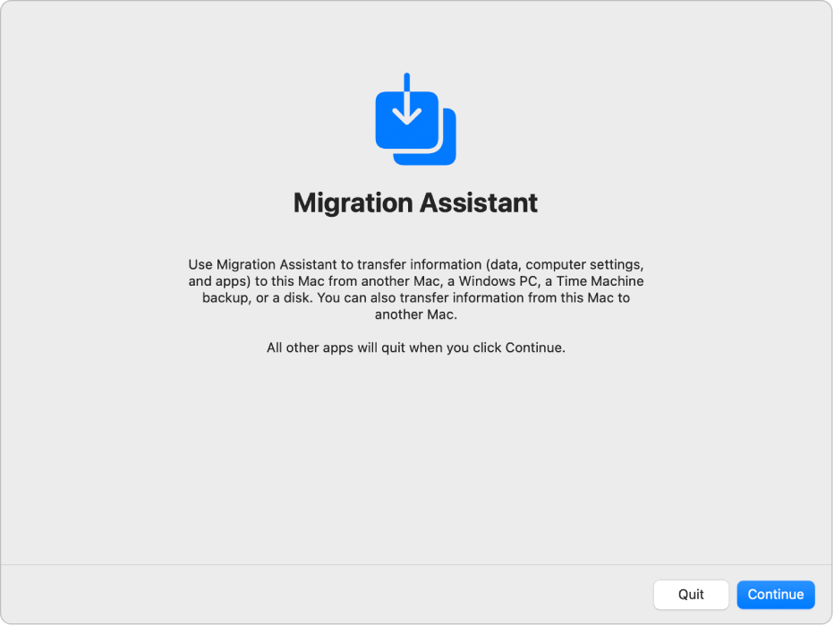 The Migration Assistant window.