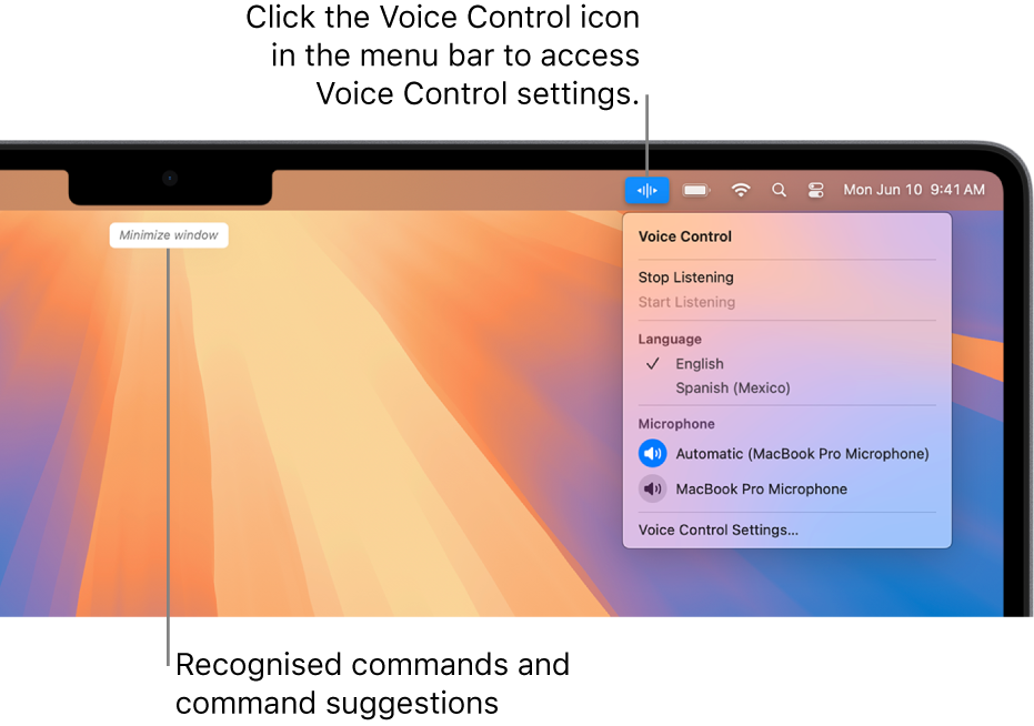 The last command recognised by Voice Control is shown at the top of the desktop. To the right, the Voice Control icon is shown in the menu bar and the Voice Control menu is open.