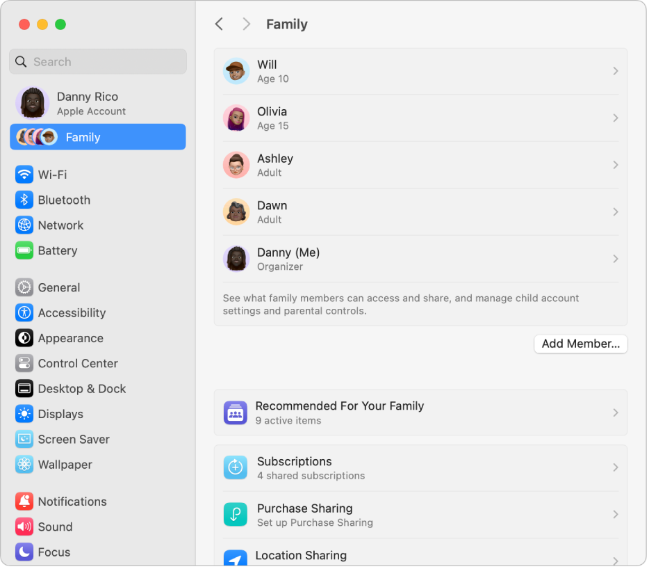 Family settings showing a list of family members for an existing account and different types of account options you can use with Family Sharing.