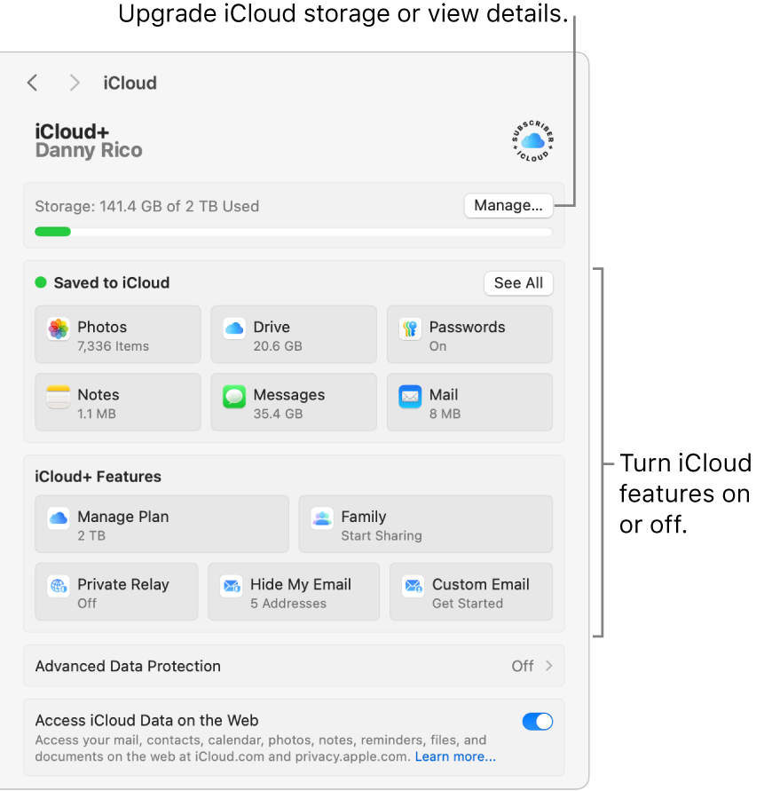 iCloud settings with all the features turned on.