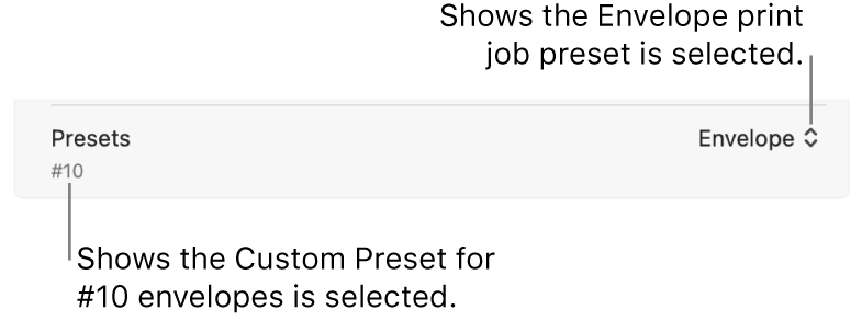 The Presets section of the Print dialogue showing a print job preset for an envelope chosen and a custom preset for a #10 envelope chosen.