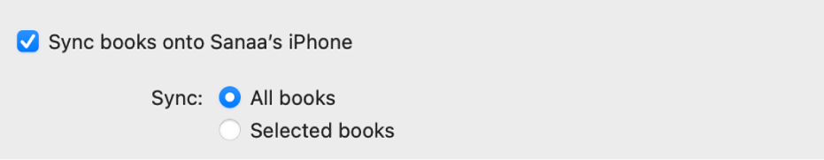 The “Sync books onto [device]" tickbox is selected. Below that, “All books” is selected to the right of Sync, above “Selected books”.