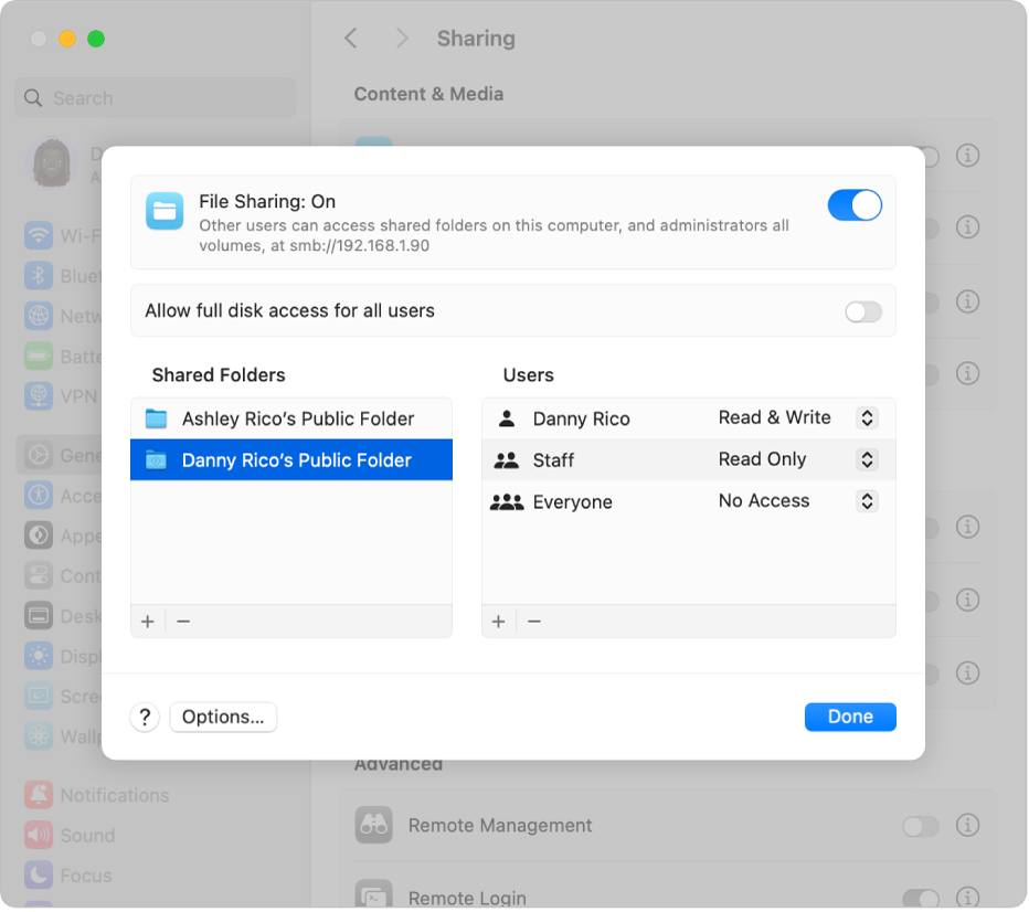 A file sharing window, showing shared folders for two user accounts on the Mac, with one of the folders selected and the file permissions for users.