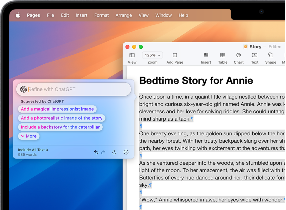 A Pages app window showing a story composed using Writing Tools and the ChatGPT extension. The Refine with ChatGPT dialogue includes options to describe a change, choose ChatGPT suggestions, undo, rewrite and add a photo or document.