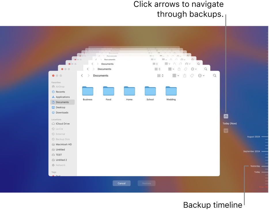 The Time Machine window showing multiple Finder screens stacked to represent backups, with arrows for navigation. Arrows and the backup timeline on the right help you navigate through your backups so you can choose which files to restore.