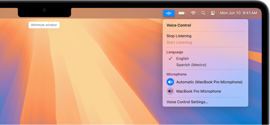 The last command recognized by Voice Control is shown at the top of the desktop. To the right, the Voice Control icon is shown in the menu bar and the Voice Control menu is open.